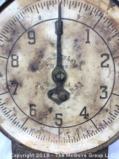 Collection of Metal: Japanese Tray, Pie Pan, Wall-Hanging Container, and Old Hanging Weight Scale