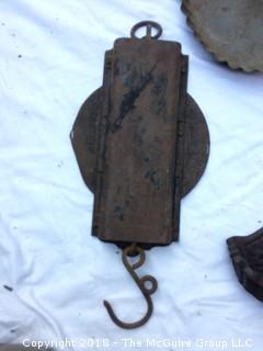 Collection of Metal: Japanese Tray, Pie Pan, Wall-Hanging Container, and Old Hanging Weight Scale