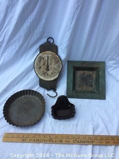 Collection of Metal: Japanese Tray, Pie Pan, Wall-Hanging Container, and Old Hanging Weight Scale