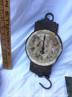 Collection of Metal: Japanese Tray, Pie Pan, Wall-Hanging Container, and Old Hanging Weight Scale