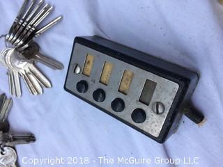 Collection of Keys, Blank Keys, Car Emblems, Amp Meter, and Apartment Ringer Box