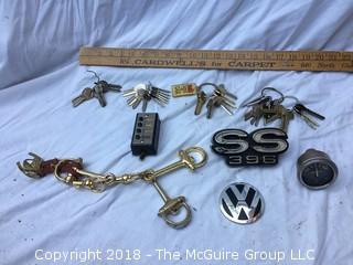 Collection of Keys, Blank Keys, Car Emblems, Amp Meter, and Apartment Ringer Box