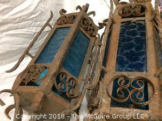 Pair of Large Iron Spanish Style Lanterns with Blue Unbroken Glass