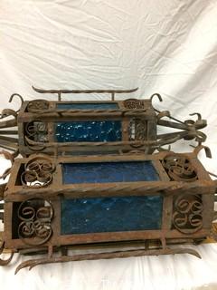 Pair of Large Iron Spanish Style Lanterns with Blue Unbroken Glass