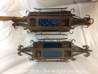 Pair of Large Iron Spanish Style Lanterns with Blue Unbroken Glass