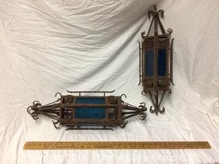 Pair of Large Iron Spanish Style Lanterns with Blue Unbroken Glass