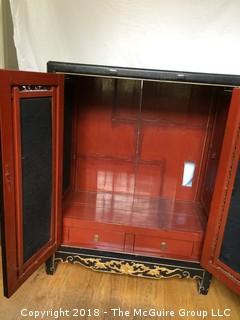 Asian Black and Gold Laquered Cabinet with Red Interior