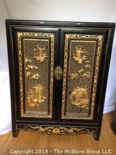 Asian Black and Gold Laquered Cabinet with Red Interior