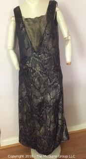 Vintage 1920s Women's Gold Embroidered Evening Dress with Inset Gold Cloth in Front and Back, Size Large