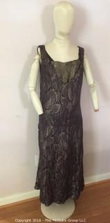 Vintage 1920s Women's Gold Embroidered Evening Dress with Inset Gold Cloth in Front and Back, Size Large