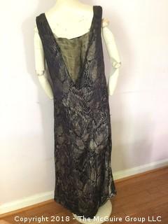 Vintage 1920s Women's Gold Embroidered Evening Dress with Inset Gold Cloth in Front and Back, Size Large