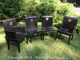 Set of Four Asian-Inspired Dining Chairs, Two with Arms, Etched Metal Plates Translate to "Four Seasons"