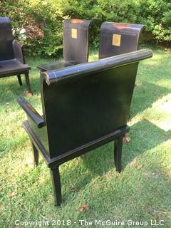 Set of Four Asian-Inspired Dining Chairs, Two with Arms, Etched Metal Plates Translate to "Four Seasons"