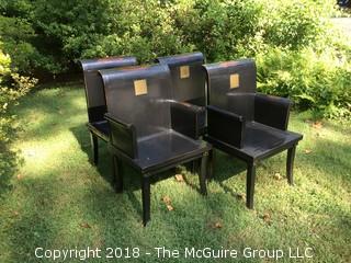 Set of Four Asian-Inspired Dining Chairs, Two with Arms, Etched Metal Plates Translate to "Four Seasons"