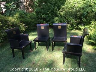 Set of Four Asian-Inspired Dining Chairs, Two with Arms, Etched Metal Plates Translate to "Four Seasons"