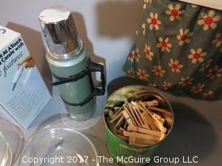 Collection including Stanley thermos, Pyrex, coffee carafe and vintage clothes pin bag  