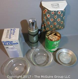 Collection including Stanley thermos, Pyrex, coffee carafe and vintage clothes pin bag  