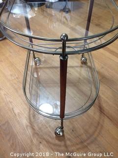 Mid Century Teak, Brass, and Glass Two-Shelf Bar Cart on Wheels