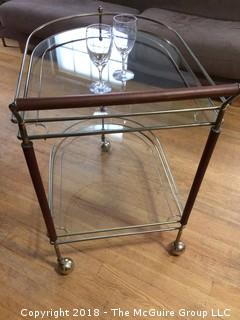 Mid Century Teak, Brass, and Glass Two-Shelf Bar Cart on Wheels