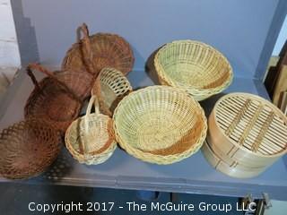 Collection including wok, vintage pottery pitcher with hallmark, (2) wooden wine racks, (18) glass bowls, bread baskets and bread bakeware 