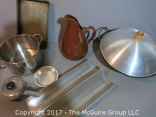 Collection including wok, vintage pottery pitcher with hallmark, (2) wooden wine racks, (18) glass bowls, bread baskets and bread bakeware 