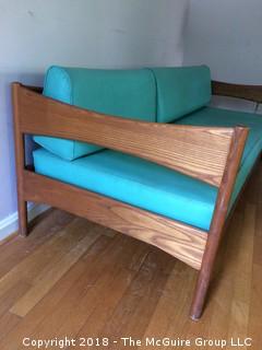 MCM Couch with Turquoise Vinyl Cushions in Good Condition