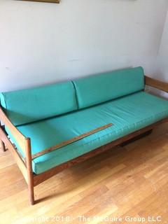 MCM Couch with Turquoise Vinyl Cushions in Good Condition