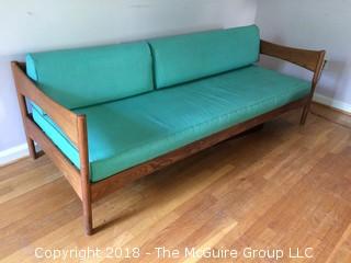 MCM Couch with Turquoise Vinyl Cushions in Good Condition