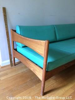 MCM Couch with Turquoise Vinyl Cushions in Good Condition