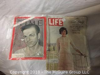 Collection of Life, Time, and Newsweek Magazines from 1960s and 1970s in Plastic Covers