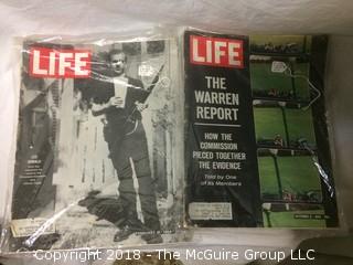 Collection of Life, Time, and Newsweek Magazines from 1960s and 1970s in Plastic Covers