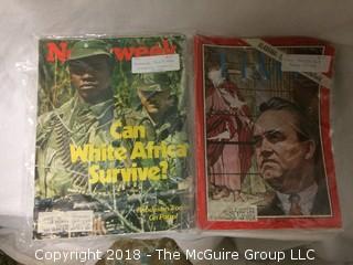 Collection of Life, Time, and Newsweek Magazines from 1960s and 1970s in Plastic Covers