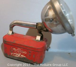 Mid Century collection including 1960's bike headlamp, search light and strap-on ice skates 