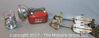 Mid Century collection including 1960's bike headlamp, search light and strap-on ice skates 