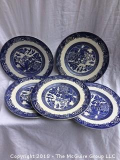 Set of 5 Blue and White Willow Woods Ware Plates