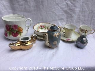 Collection of Tea Cups, Mustache Cup, and Amor Skin Perfume Porcelain Magic Genie Oil Lamp