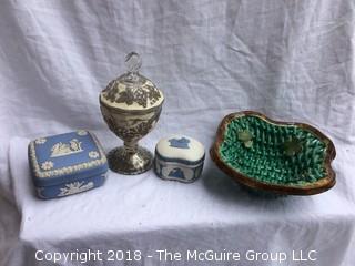 Collection Including Glass Candy Jar and Lid and Two Small Signed Wedgewood Boxes