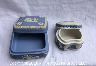 Collection Including Glass Candy Jar and Lid and Two Small Signed Wedgewood Boxes