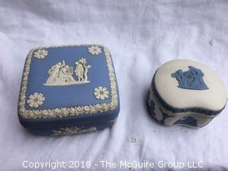 Collection Including Glass Candy Jar and Lid and Two Small Signed Wedgewood Boxes