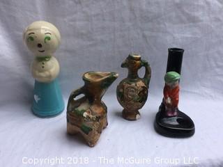 Collection Including German Figure Golfing, Eggs, Porcelain Salt and Pepper Pigs