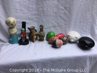 Collection Including German Figure Golfing, Eggs, Porcelain Salt and Pepper Pigs