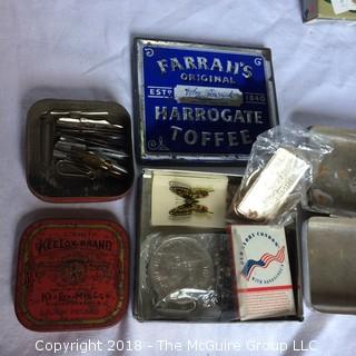 Collection Including Vintage Card Trick Counter, Vintage Tins, Military Deck of Cards, Small Croc Head, Two Wallets