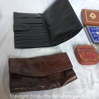 Collection Including Vintage Card Trick Counter, Vintage Tins, Military Deck of Cards, Small Croc Head, Two Wallets