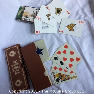 Collection Including Vintage Card Trick Counter, Vintage Tins, Military Deck of Cards, Small Croc Head, Two Wallets