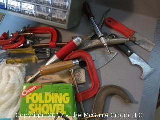 Household tools including clamps, screw bin, folding shovel and hand saws 