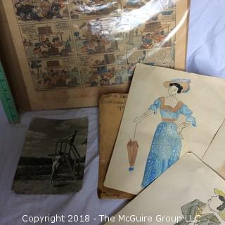 Collection Including British Photographer Walter Bird Signed Photograph, 1929 Katzenjammer Kids Comic, and Costume Drawings for Production of My Fair Lady