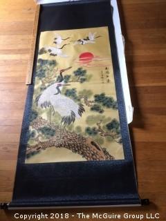 Japanese Crane Painting on Silk 6-Foot Scroll Signed