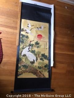 Japanese Crane Painting on Silk 6-Foot Scroll Signed