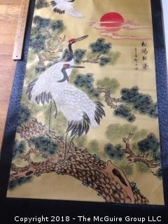 Japanese Crane Painting on Silk 6-Foot Scroll Signed