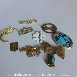 Collection of 9 Costume Pins and Pendants, Including Lovely Enamel Bead on Bow Pin